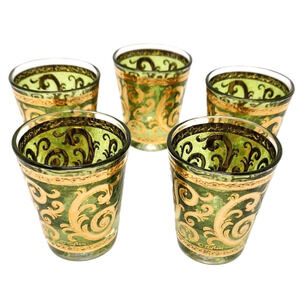 5X Vtg Culver Toledo Shot Glasses MCM Baroque Green Gold Scroll Barware Party